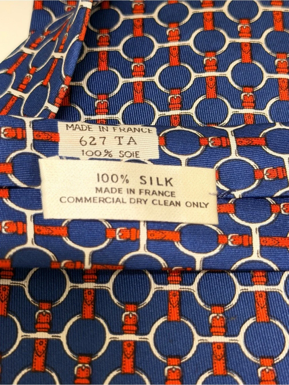 Hermes Men's Tie Honeycomb Bridle Clover Chain Navy/Red Designer 627 TA